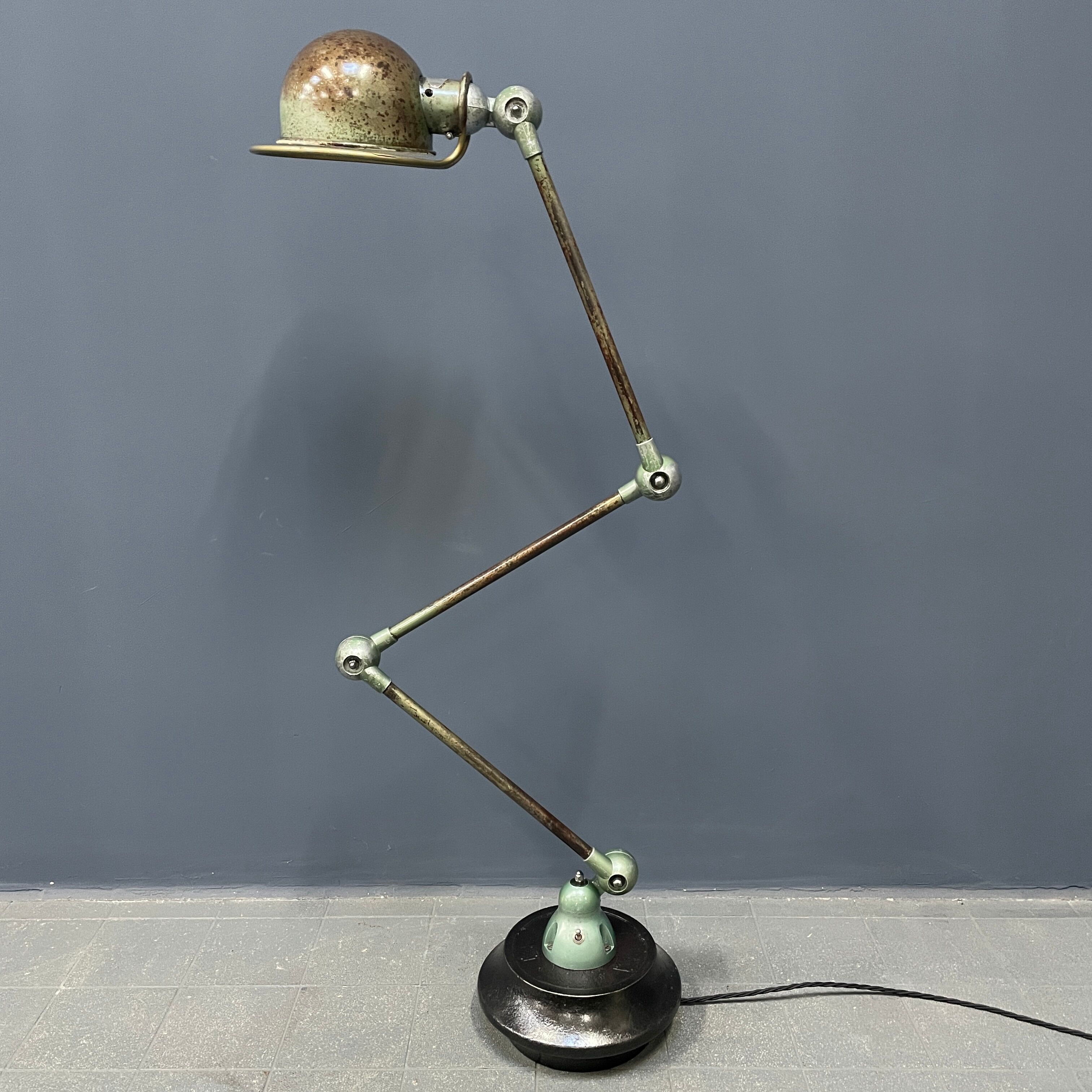 3 arm vespa green patina Jieldé lamp on cast iron base