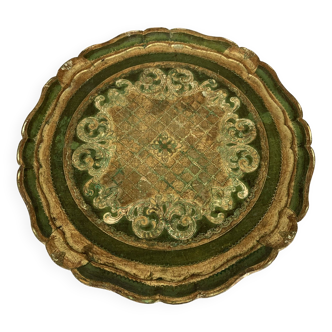 large Venetian tray in gold and green wood, diameter 44cm