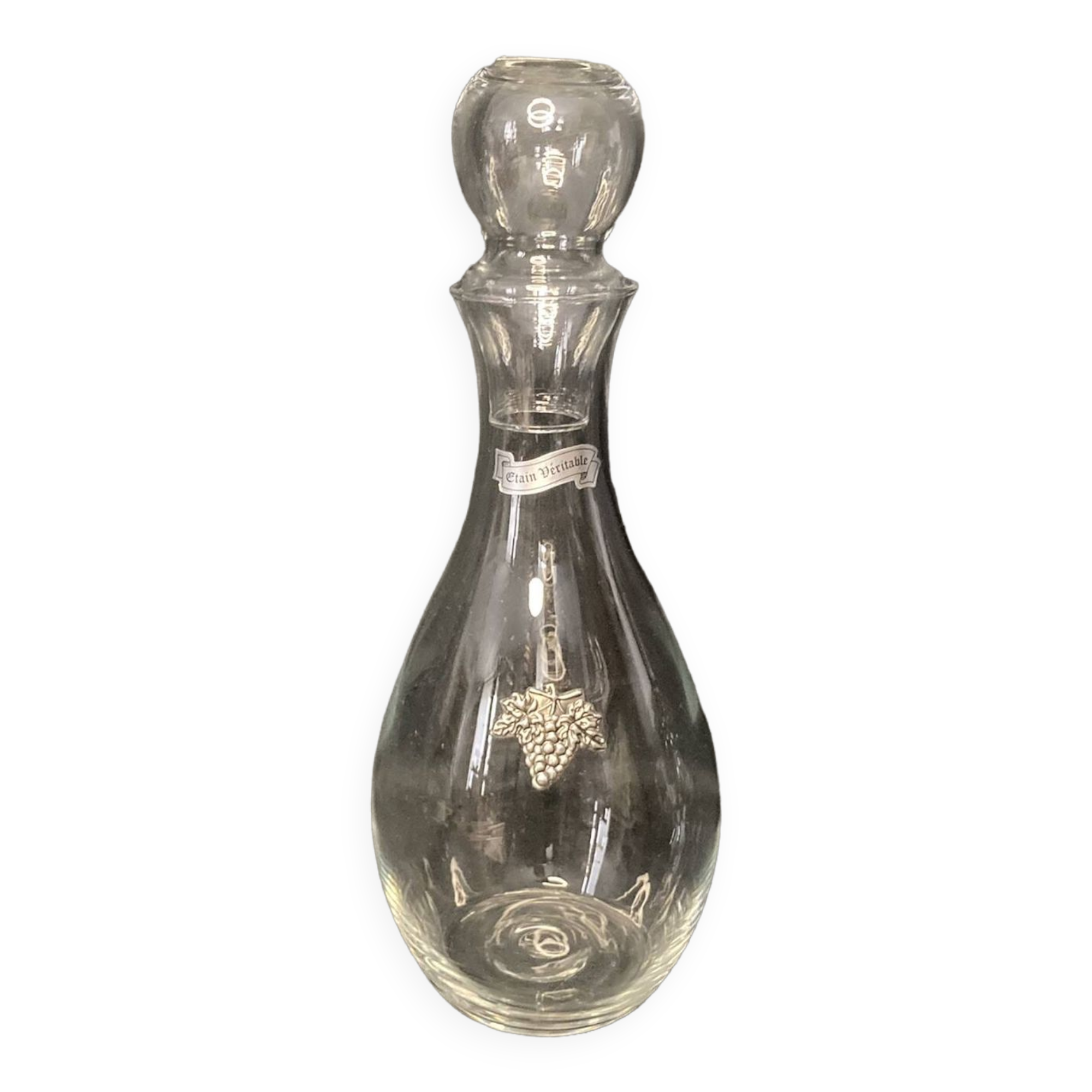 Carafe à vin en cristal décor étain avec bouchon dégustation XXème