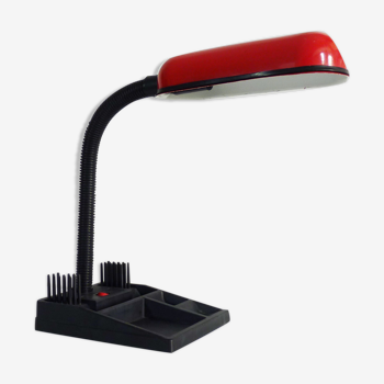 Lampe de bureau flexible rouge et noir avec porte crayon. Année 80