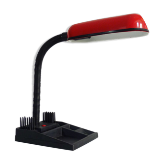 Lampe de bureau flexible rouge et noir avec porte crayon. Année 80