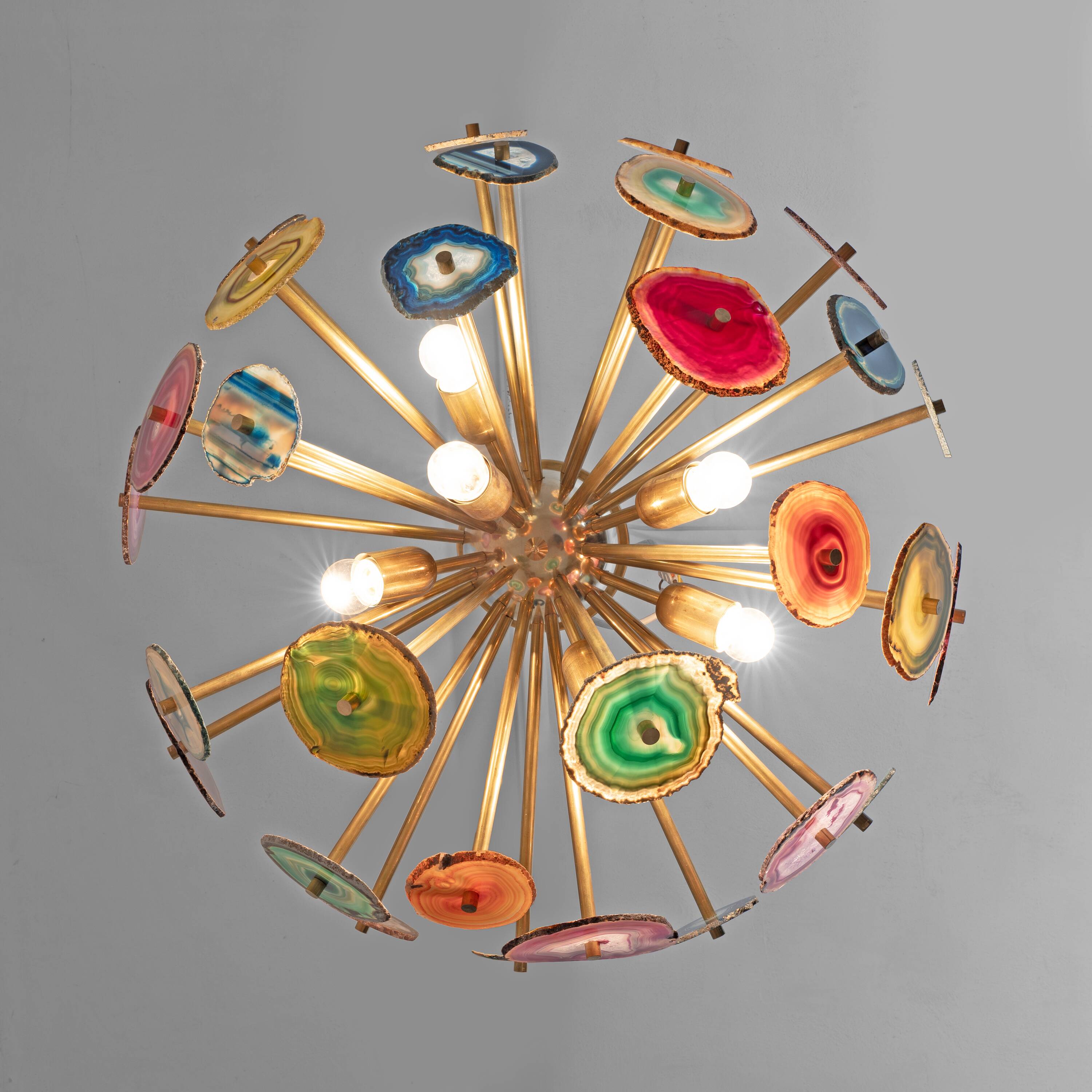 Italian-designed "Sputnik" Ceiling Lamp with Agate Stone Sections and Brass