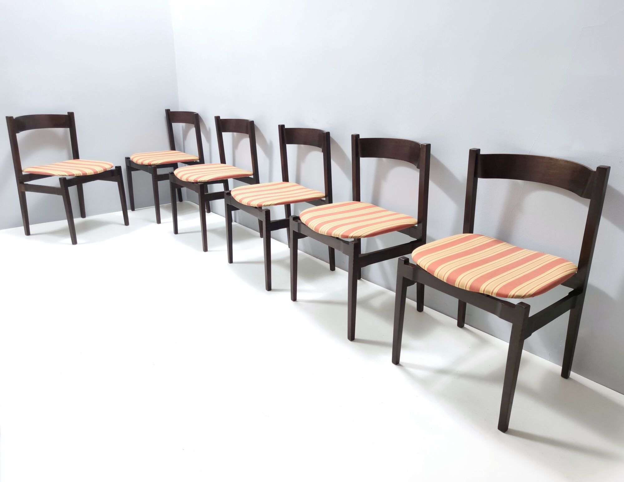 Vintage Set of Six Walnut Chairs by Gianfranco Frattini for Cassina with Stripe Patterned Orange Fab