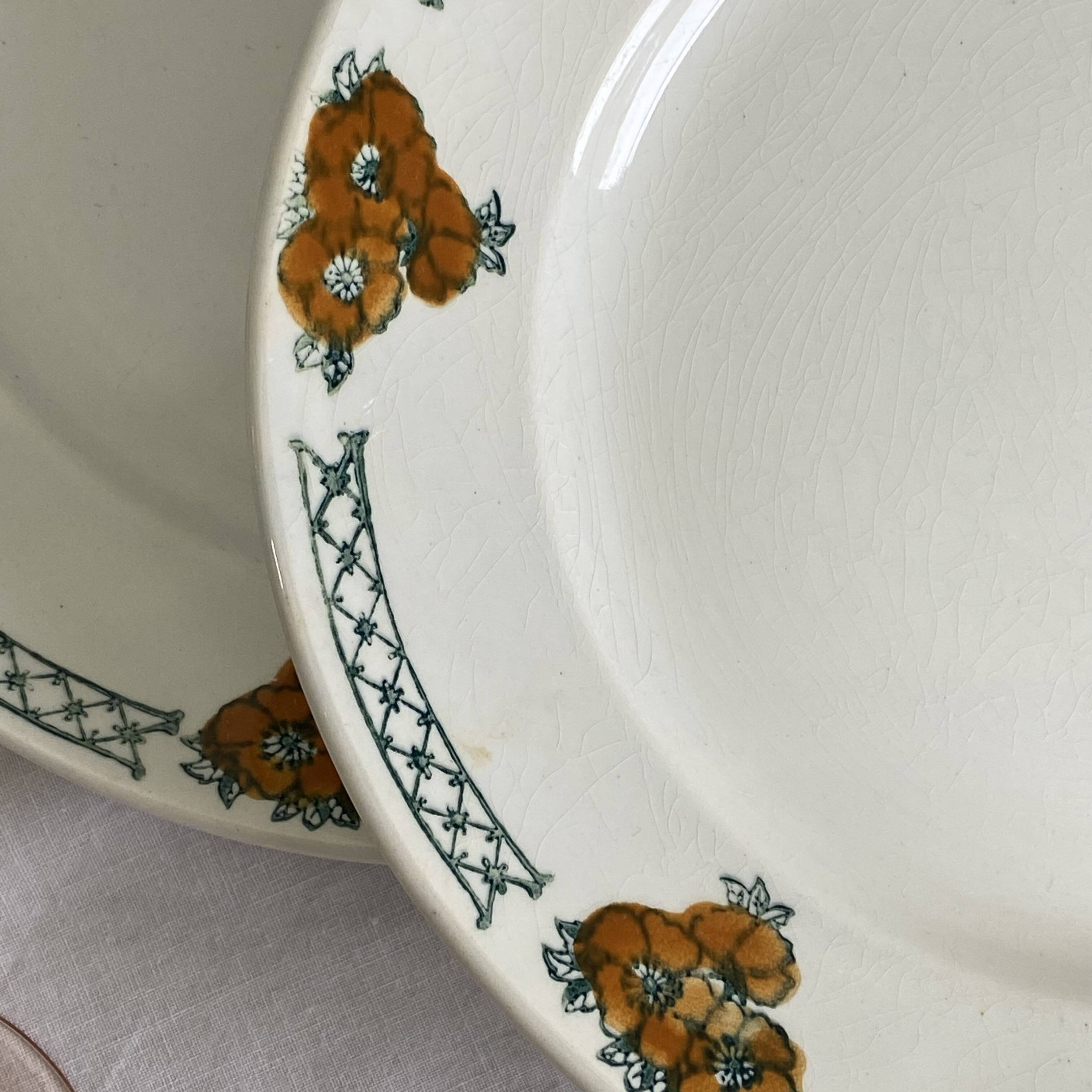 6 antique earthenware dessert plates, ironstone, Moulin des Loups Aubépine