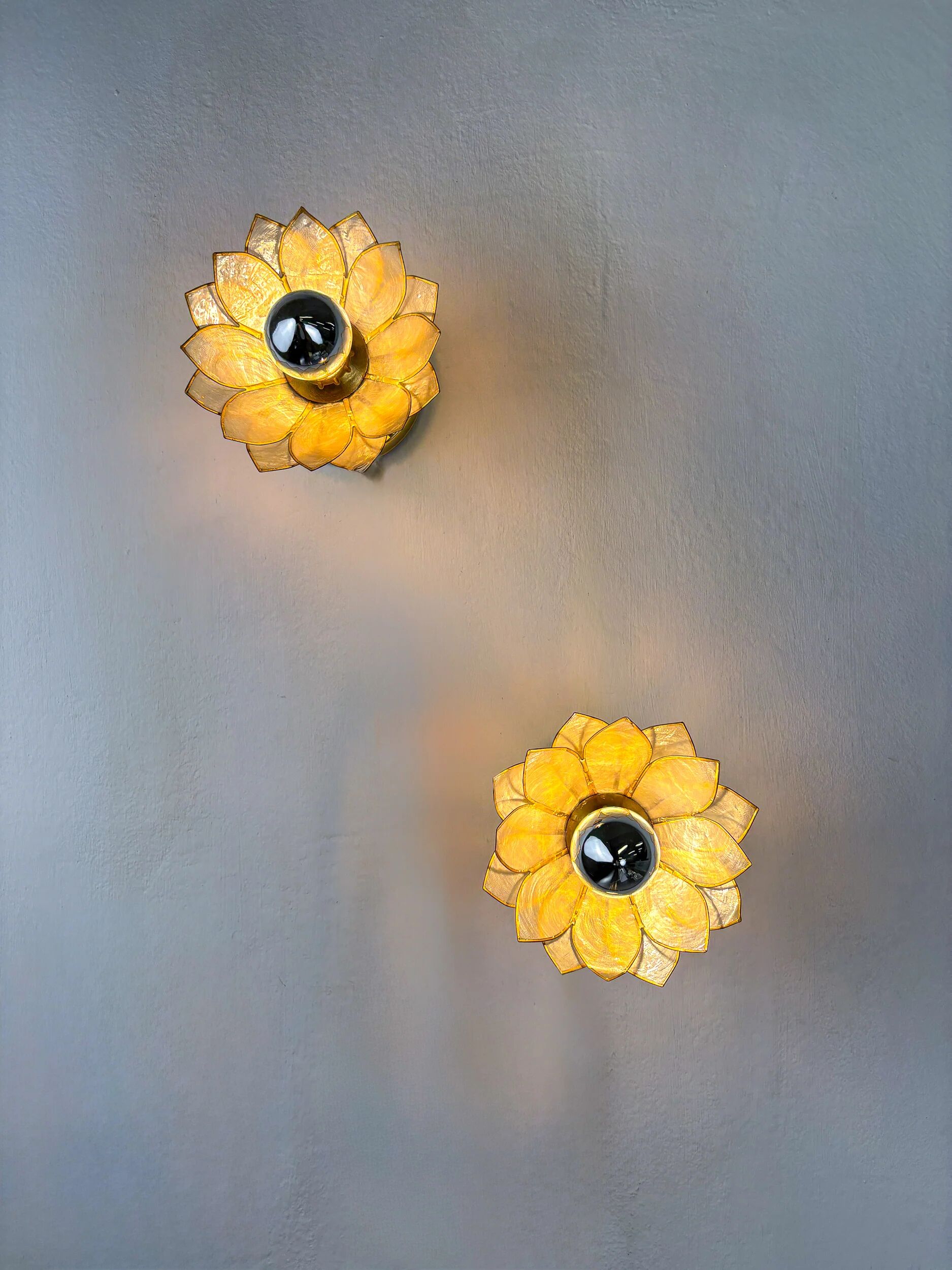Pair of lotus flower wall sconces, mother-of-pearl petals & gilt brass, Italy, 1970s