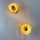 Pair of lotus flower wall sconces, mother-of-pearl petals & gilt brass, Italy, 1970s