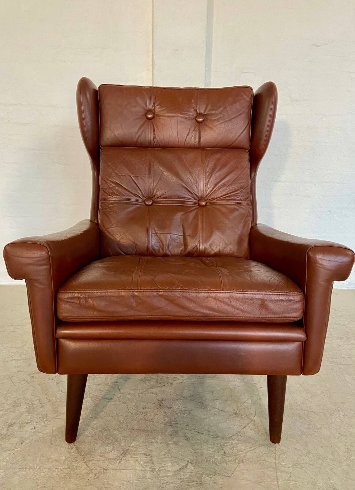 Vintage Danish retro mid-century Svend Skipper caramel brown leather chair