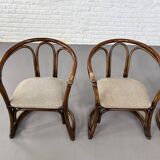 Round Oak Dining Table and Rattan Armchairs, Set of 5