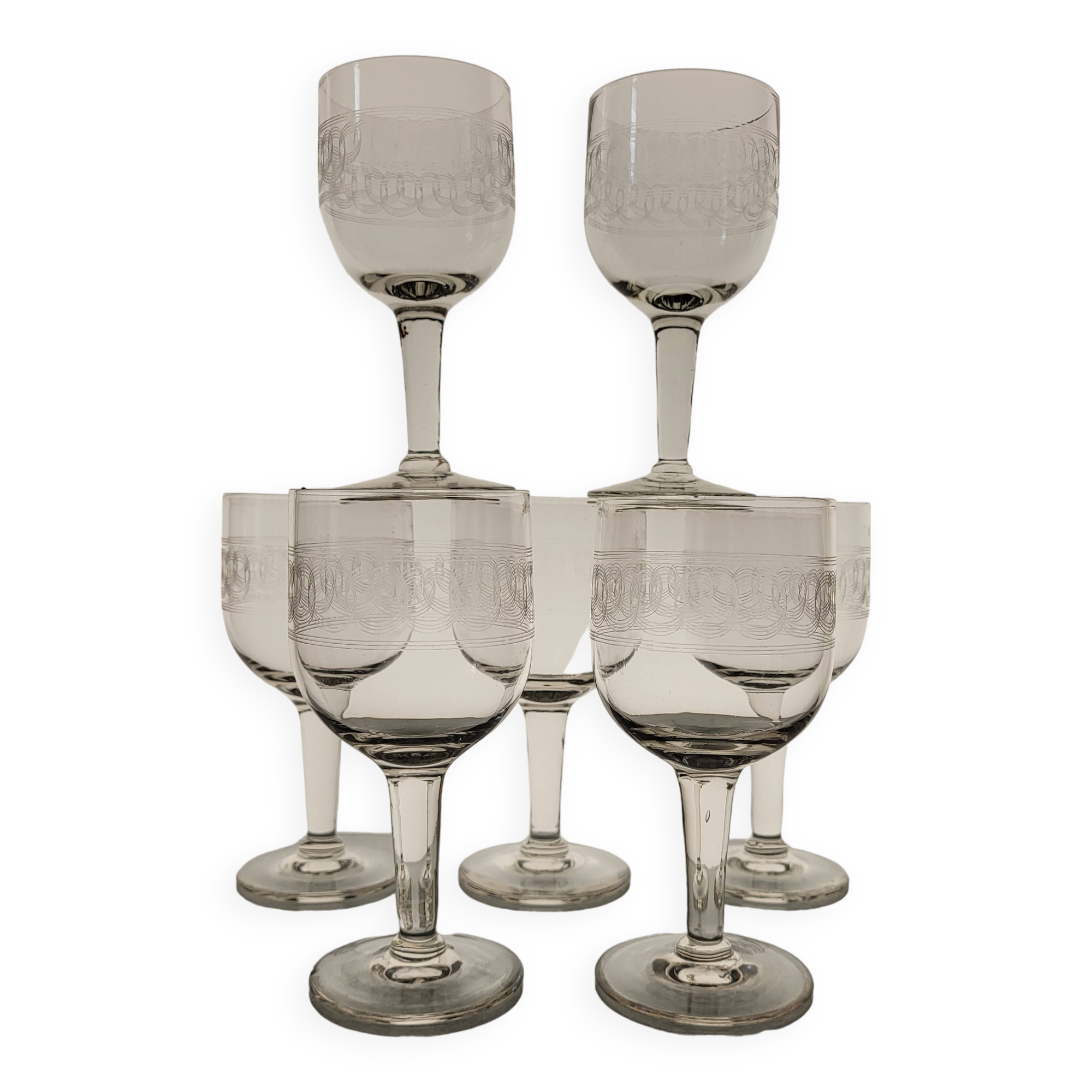 7 19th century guilloche wine/water glasses