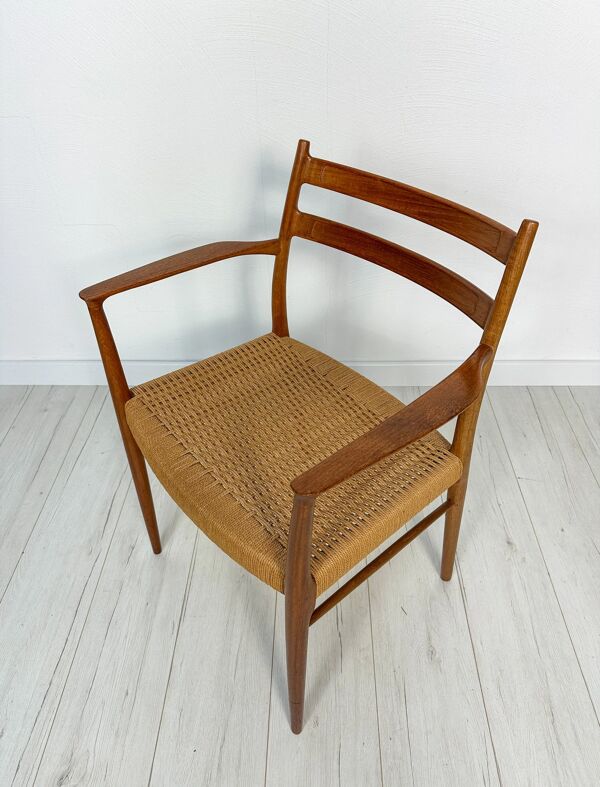 Chaise de salle à manger avec accoudoirs en teck et corde à papier GS700 des années 1950 par Arne Wahl Iversen pour Glyngøre Stolefabrik