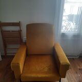 Fauteuil vintage velour jaune moutarde