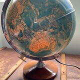 Globe vintage éclairé pied en bois monture argenté déco bureau ancien