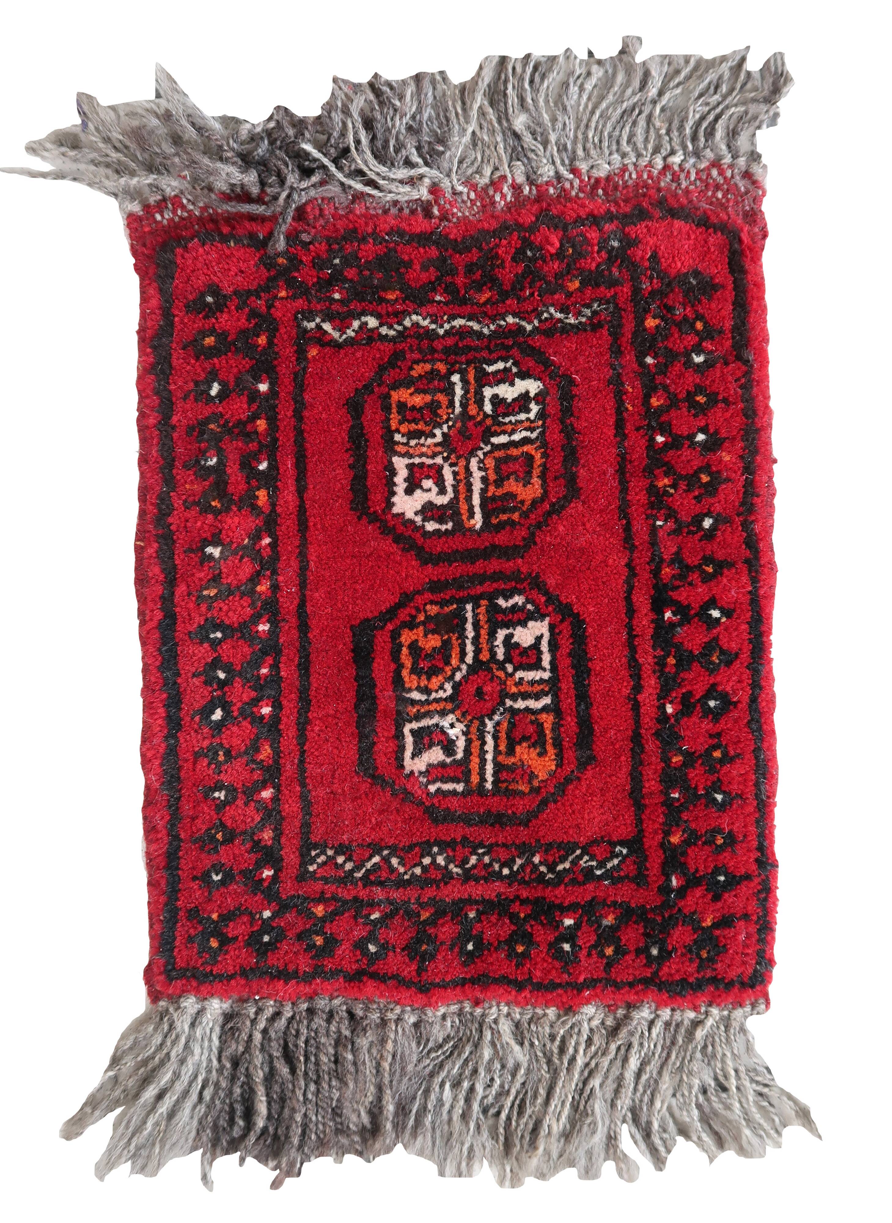 Tapis vintage fait main Ersari – 24 x 30 cm – Rouge éclatant - 1C968