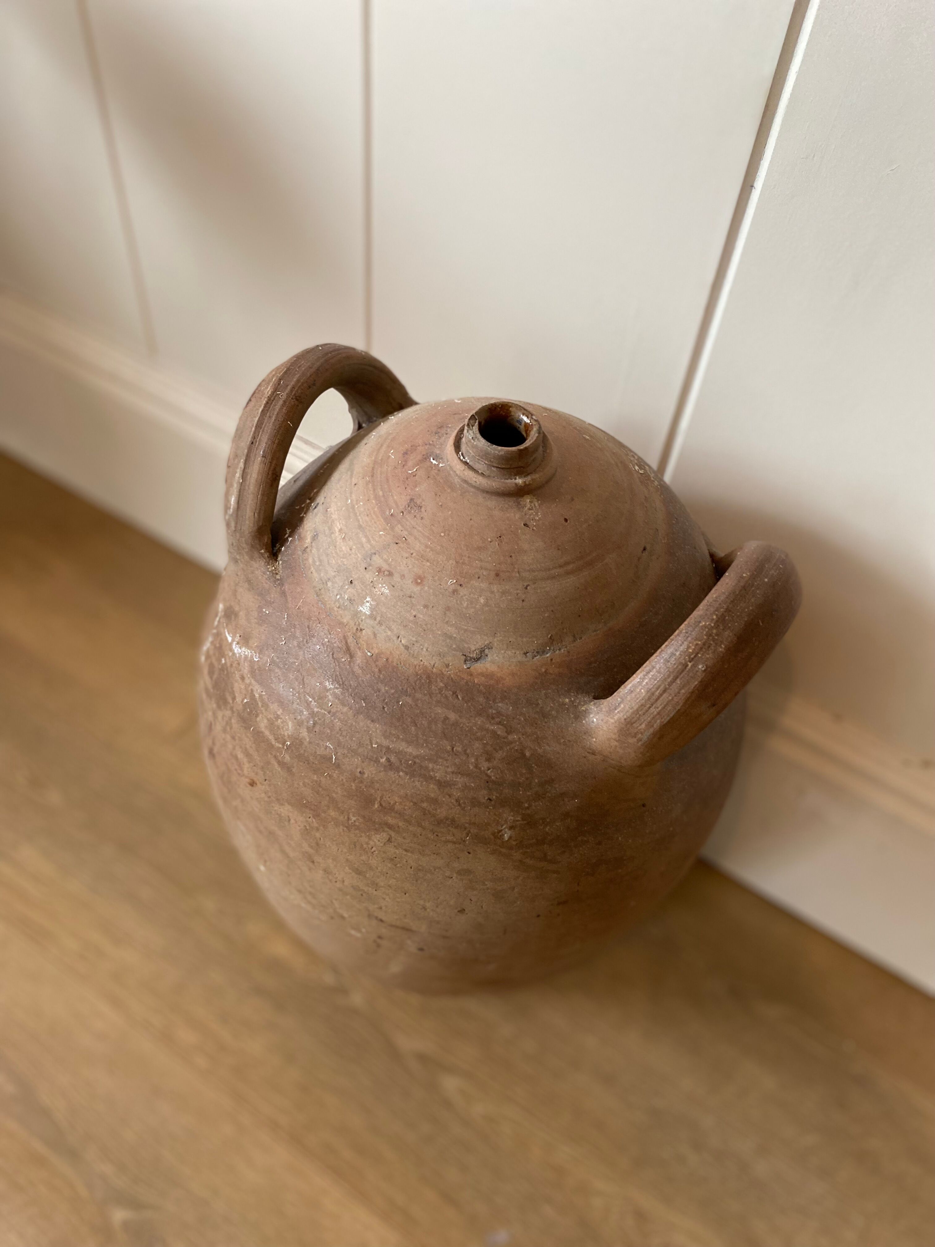 Antique french country rustic walnut oil storage jar