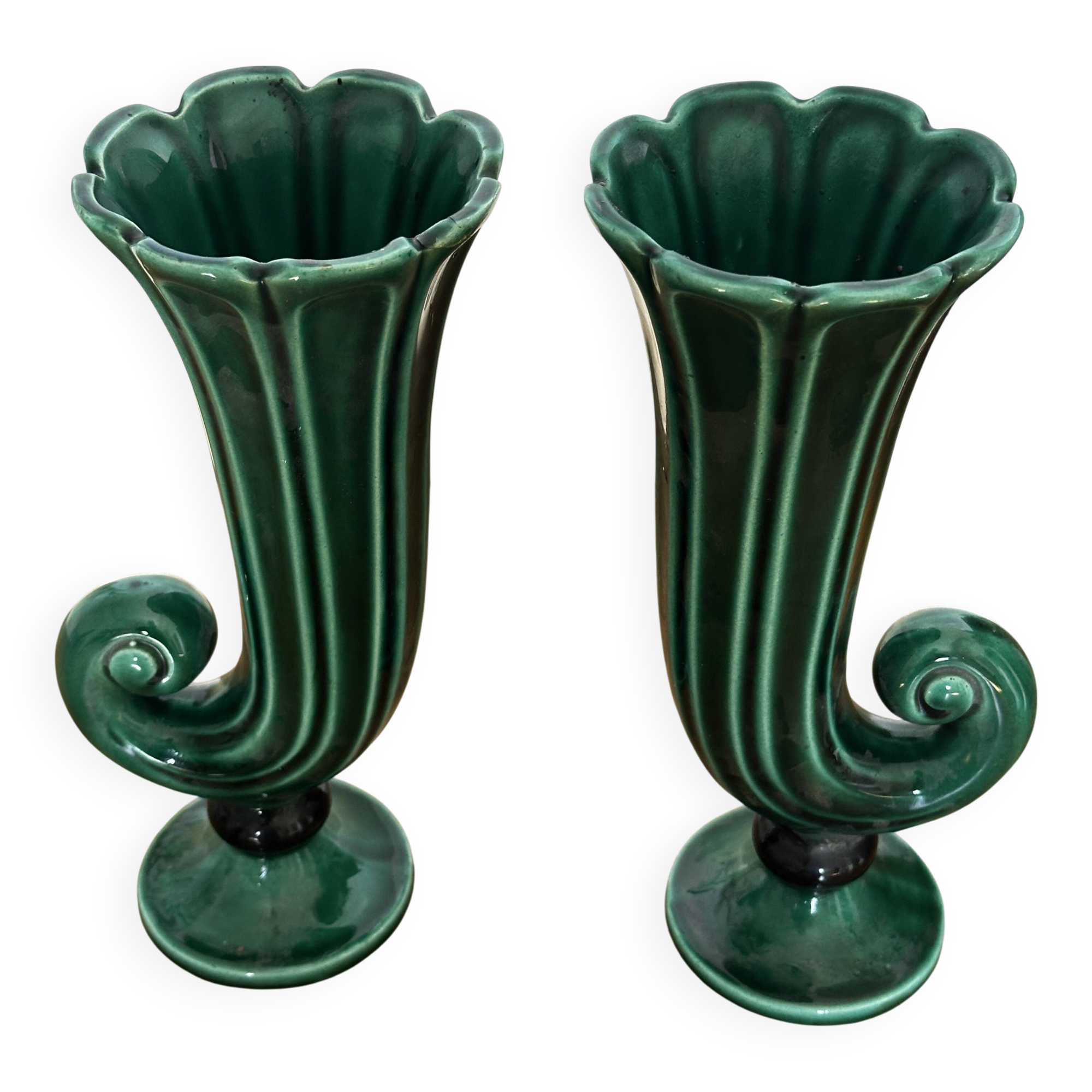Pair of Art Deco vases circa 1920 - green glazed ceramic