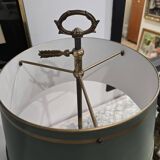 Three-armed brass hot water bottle lamp with empire green shade