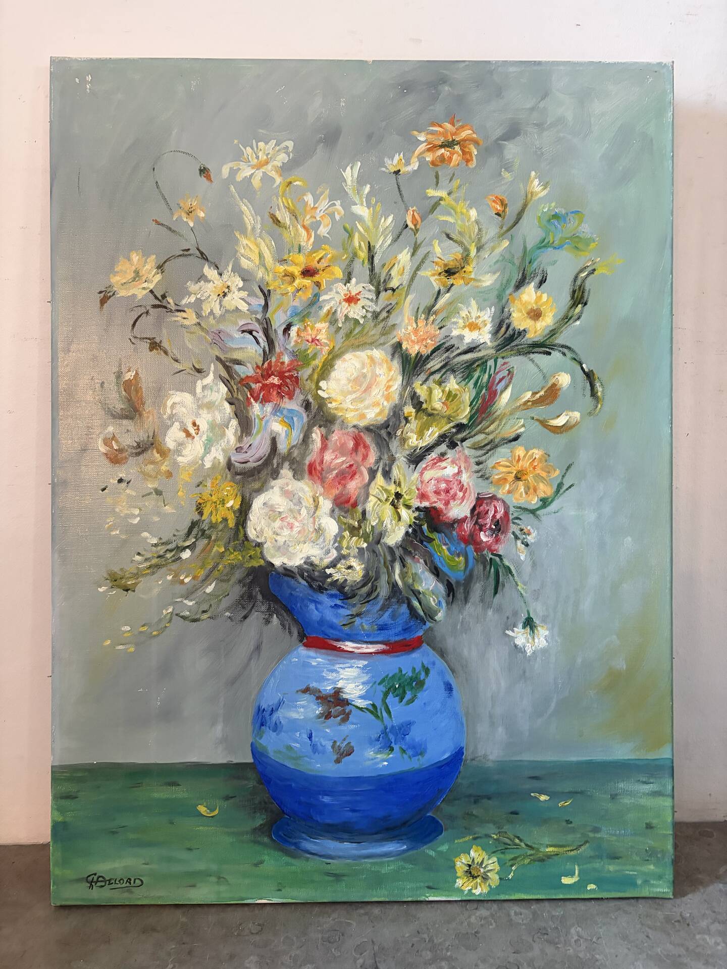 Bouquet in a blue vase, oil on canvas signed