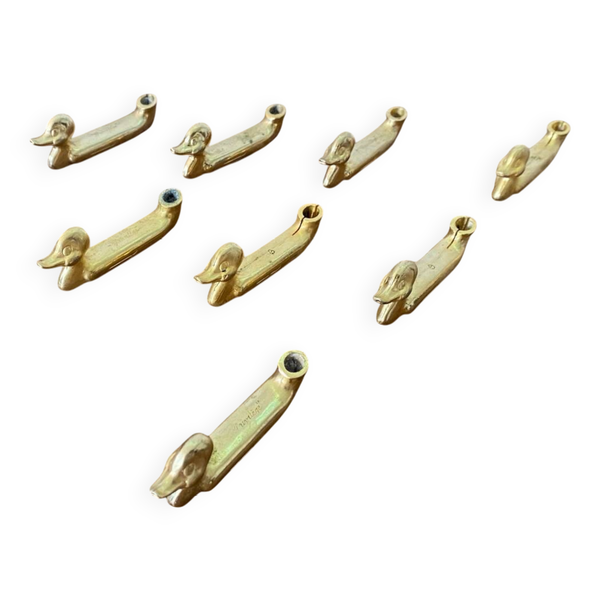 Set of 8 antique privilege knife holders gold metal duck vintage