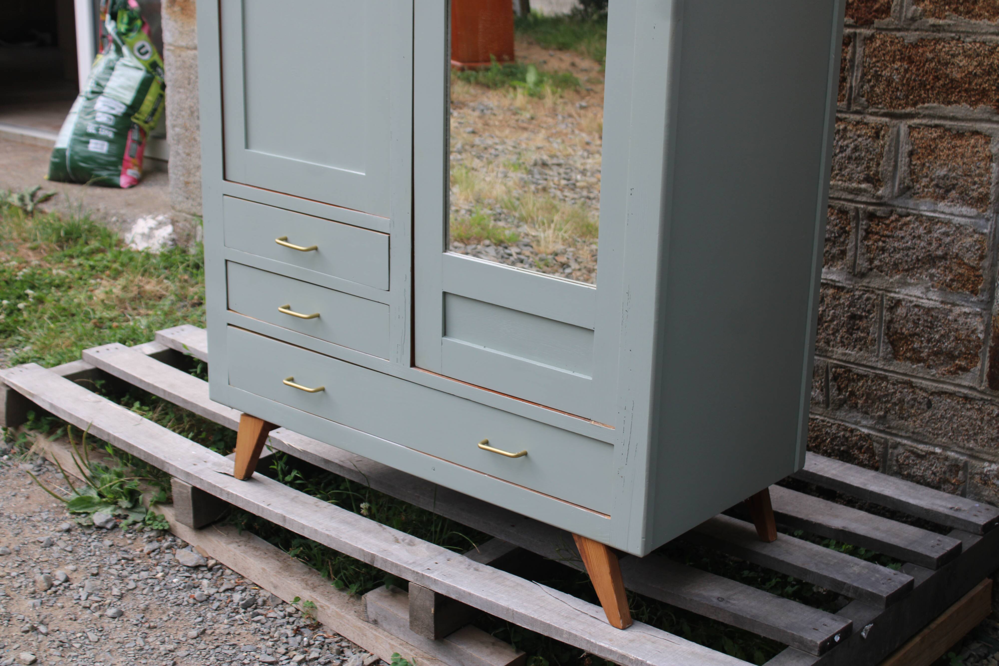 Vintage Parisian wardrobe in sage green – Mirror, hanging space and drawers