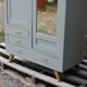 Vintage Parisian wardrobe in sage green – Mirror, hanging space and drawers