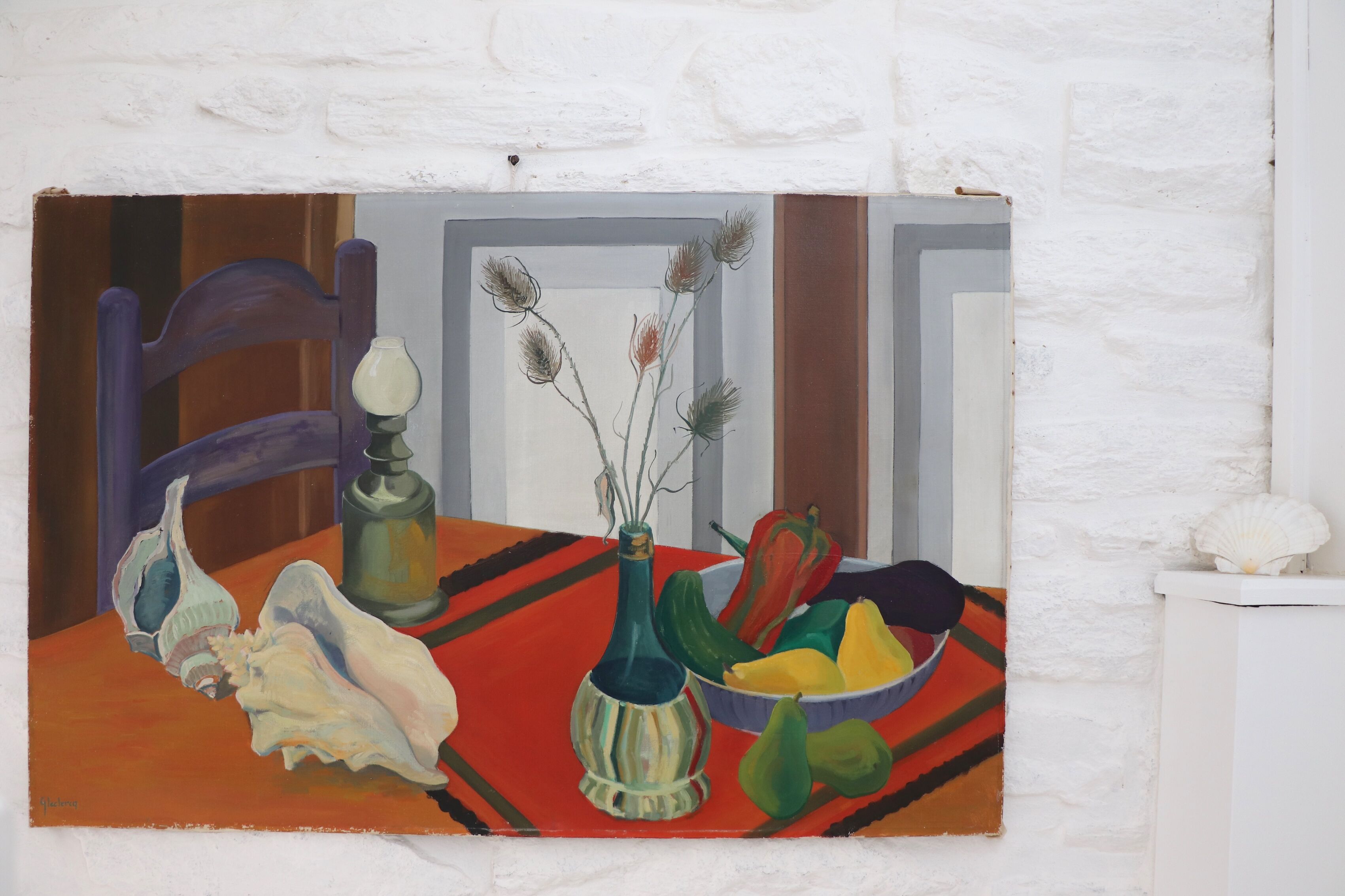 Still life with shells on striped tablecloth, Guy Leclercq, 20th century