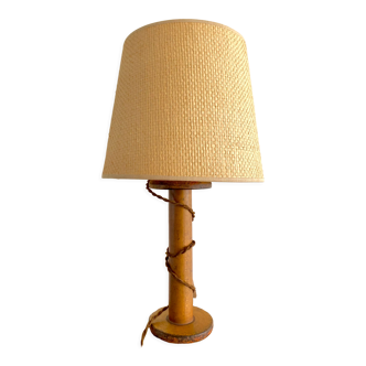 Wood lamp, straw lampshade, 2m cable, vintage switch
