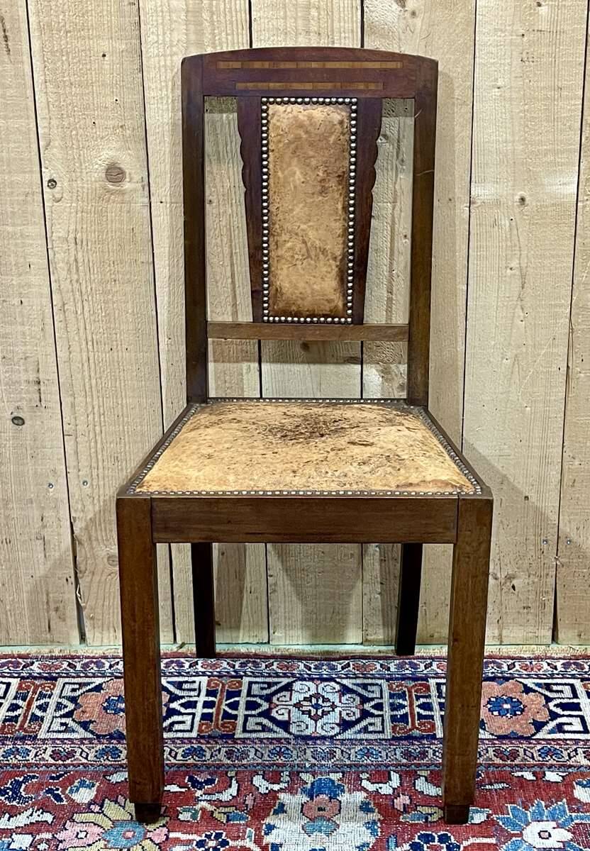 Series of 6 Art Deco chairs in mahogany and leather from the 1930s