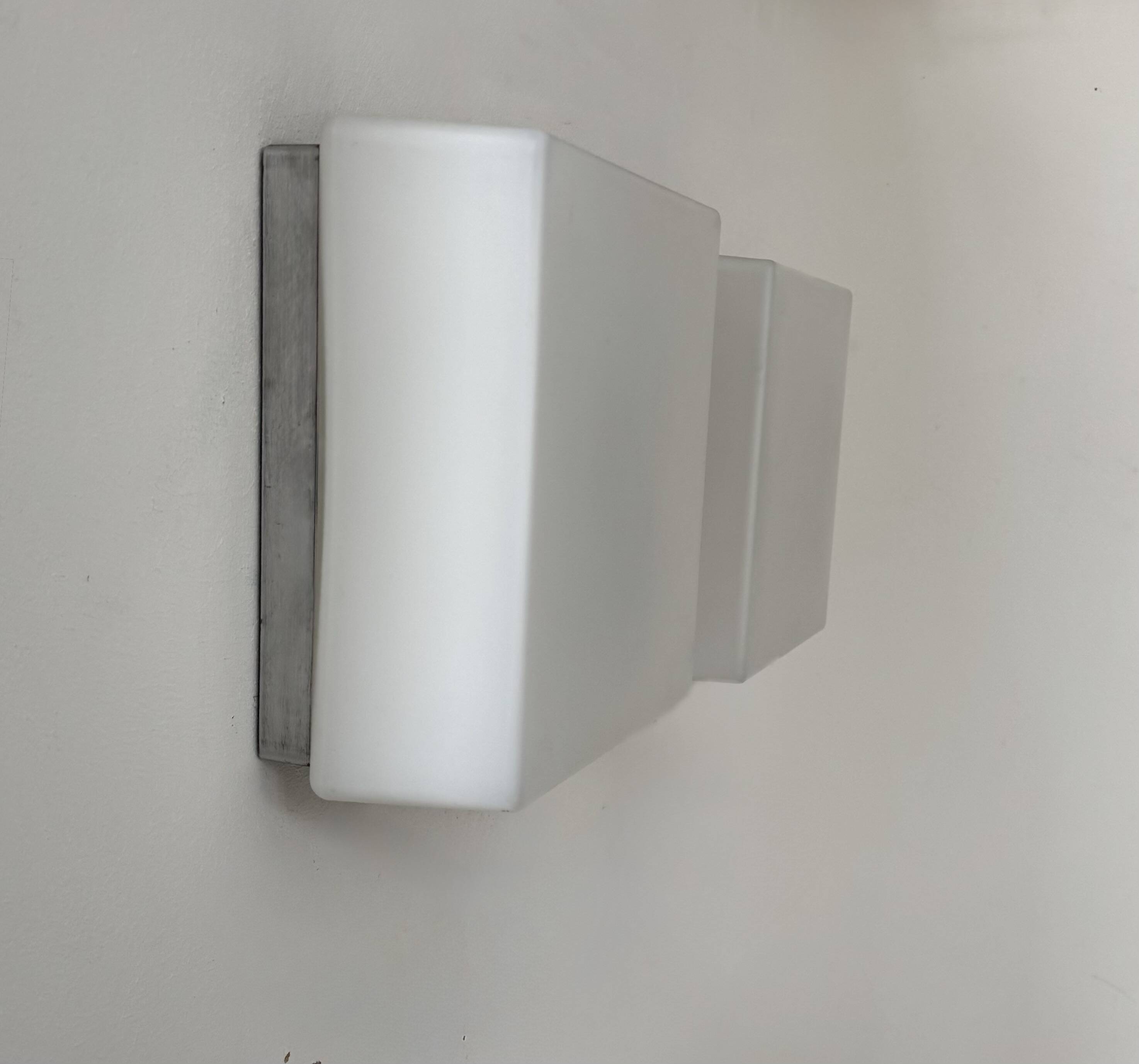 Pair of vintage wall lights, brushed metal and opaline glass, France, 1970