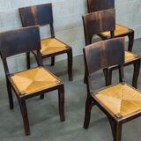 Suite of 6 chairs brutalist style straw and solid oak