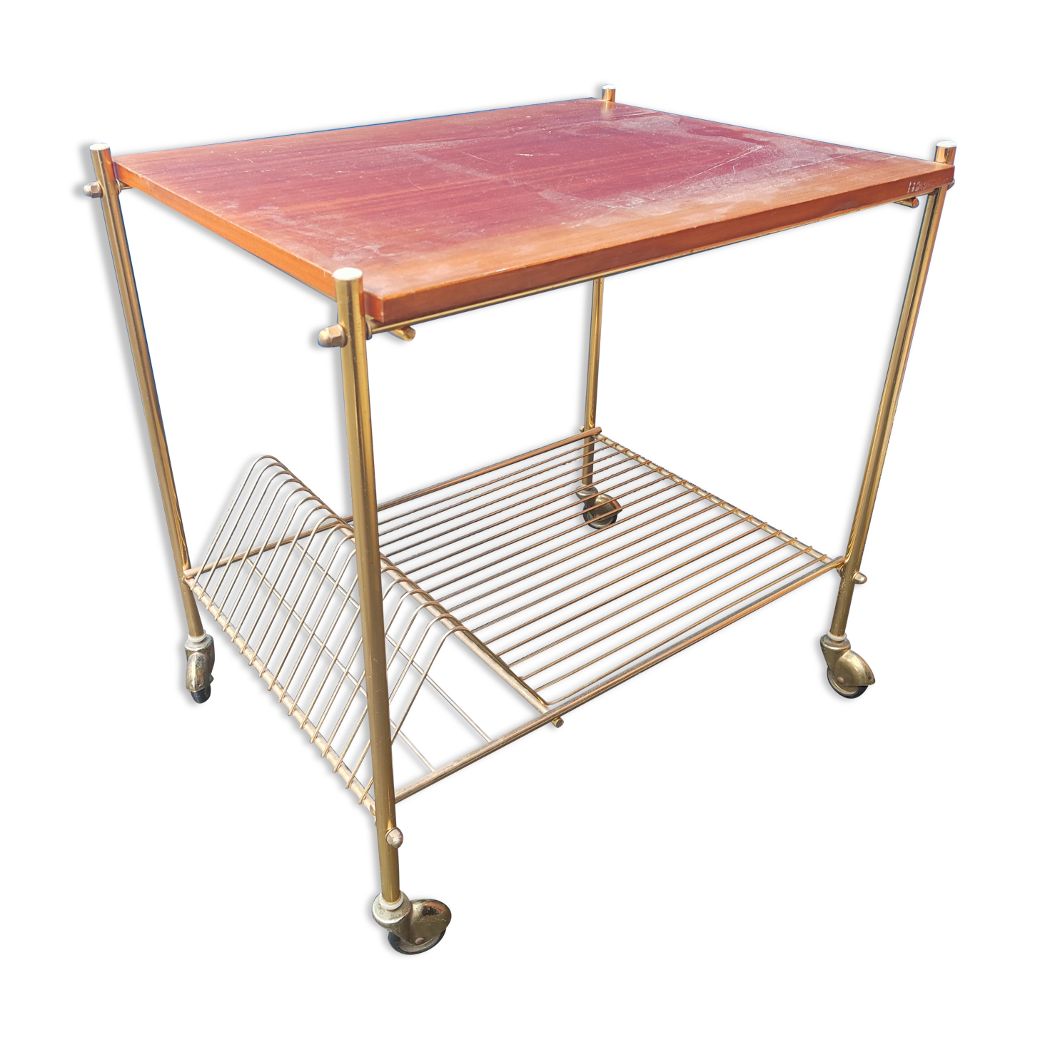 Serving table with wheels vinyl record holder steel file gilded wood vintage