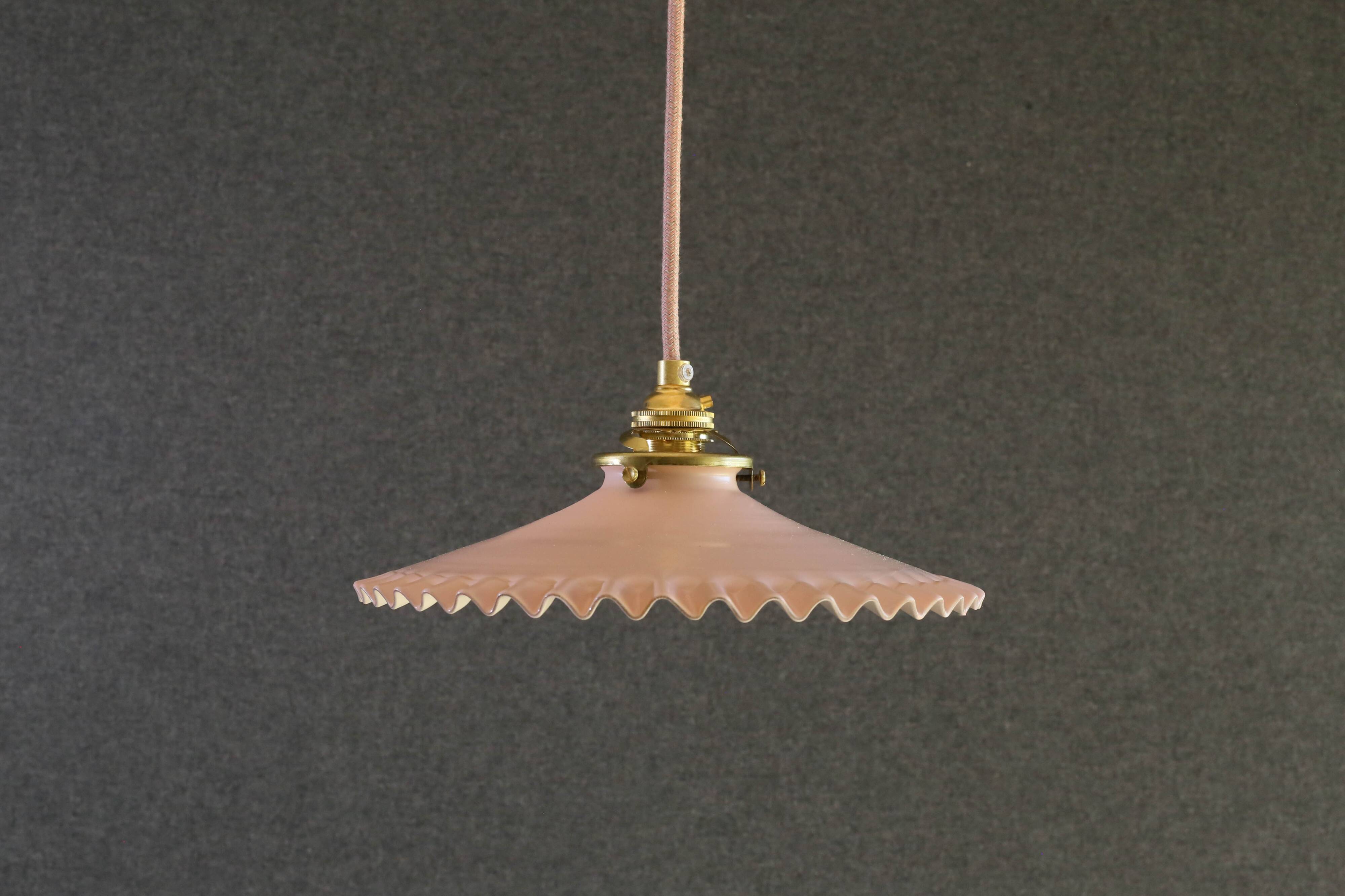 Opaline pendant light in pink and white painted glass, delivered with new cable and socket