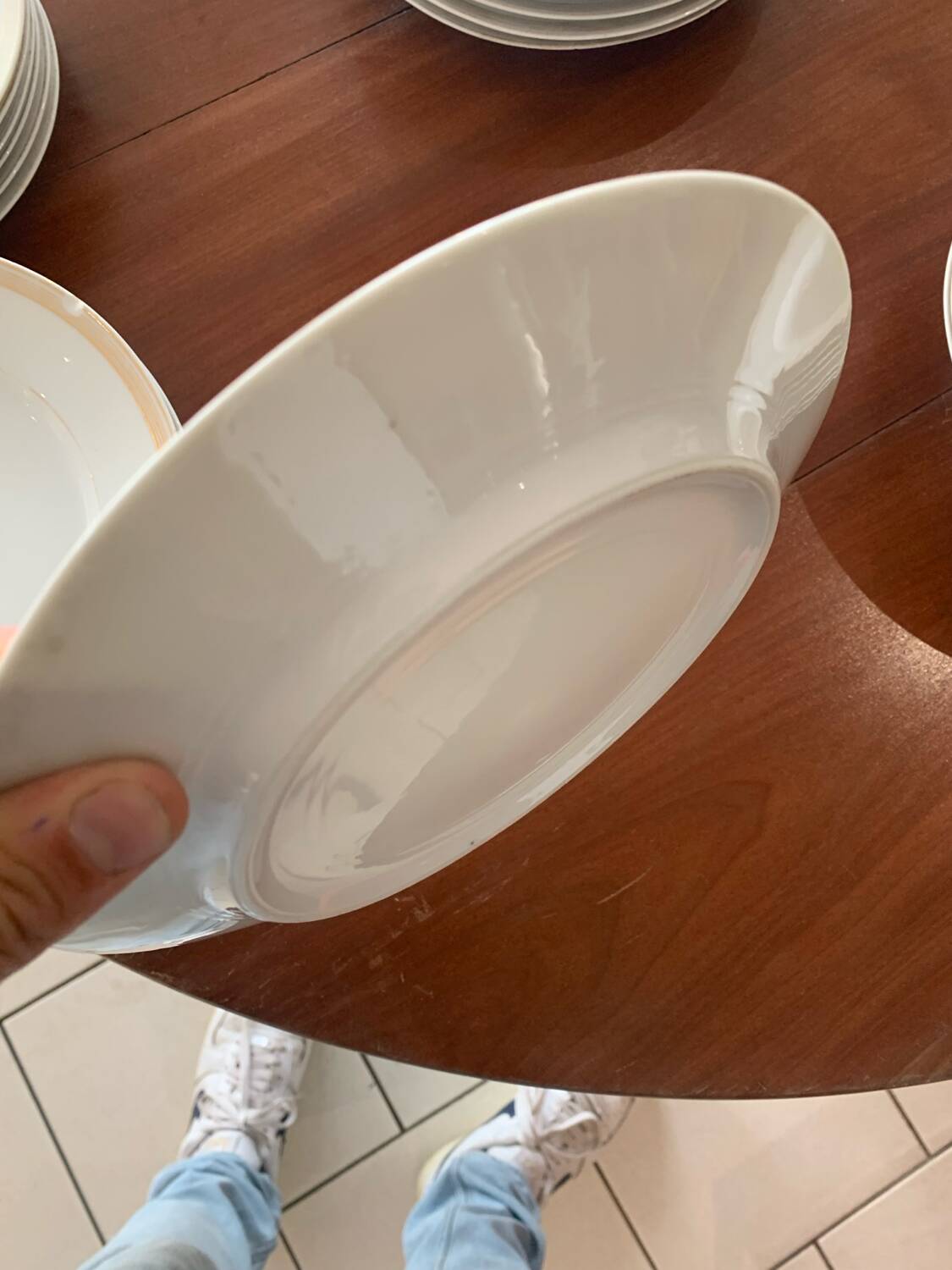 Lot of six flat plates, crockery, old white, gilded