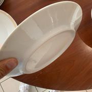 Lot of six flat plates, crockery, old white, gilded