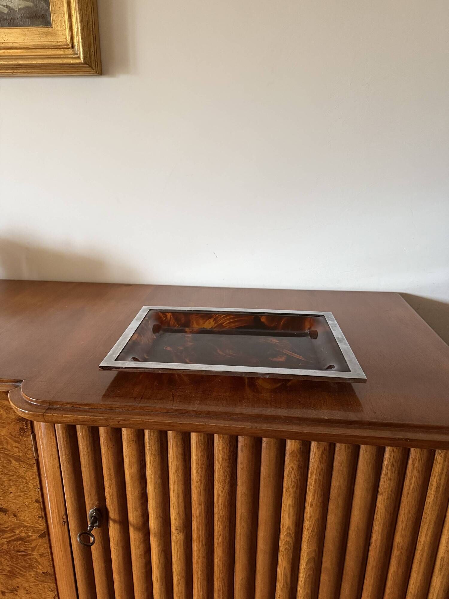 Brass and tortoiseshell lucite tray, Italy 1970s