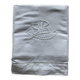 Drap ancien coton /lin brodé main