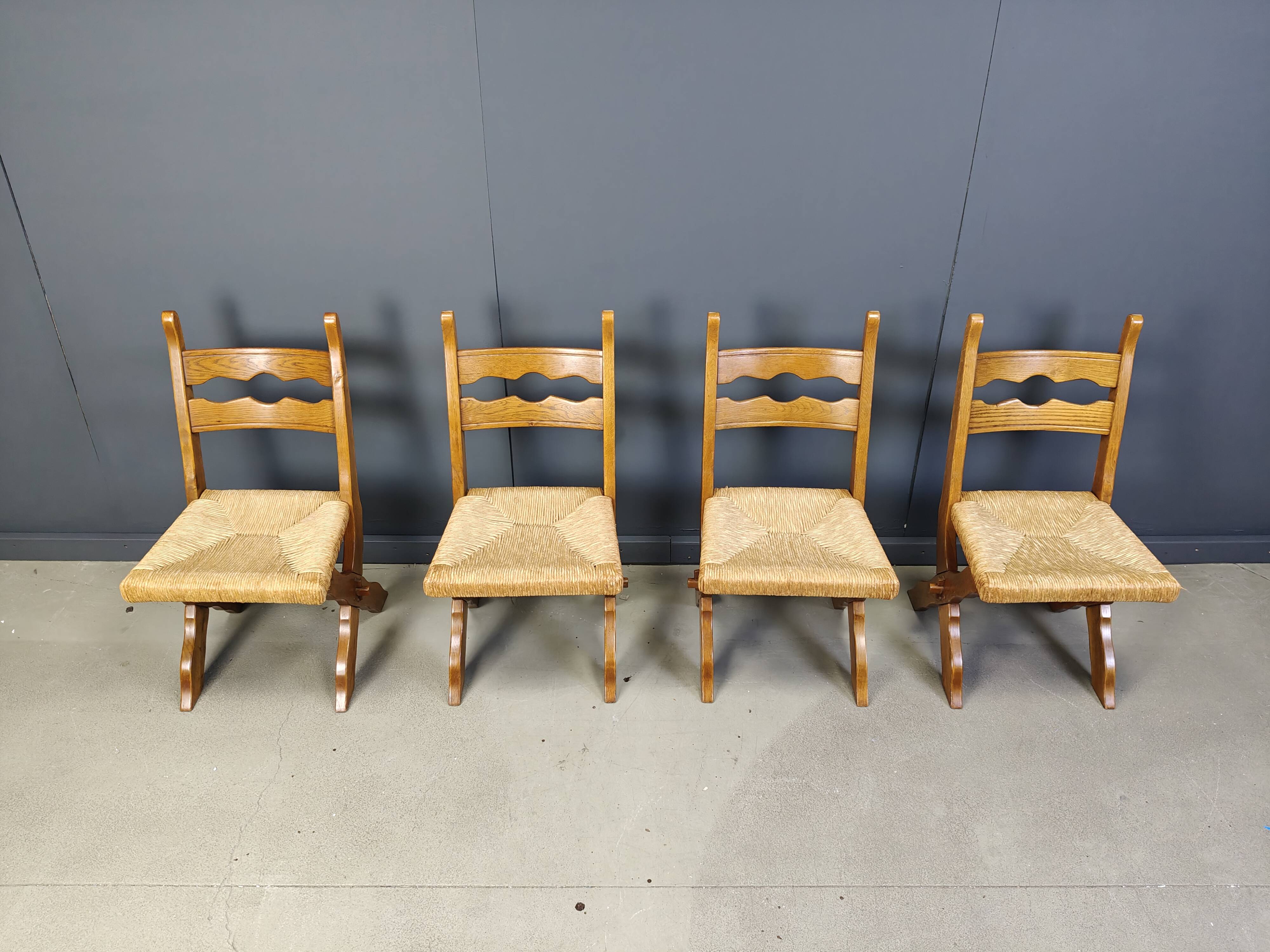 Vintage oak and wicker brutalist chairs, 1960s - set of 6