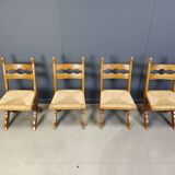 Vintage oak and wicker brutalist chairs, 1960s - set of 6