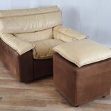 Fauteuil avec pouf en cuir et daim