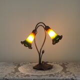 Vintage Bronze Effect Metal Lily Pad Double Light Table Lamp Tulip Shades