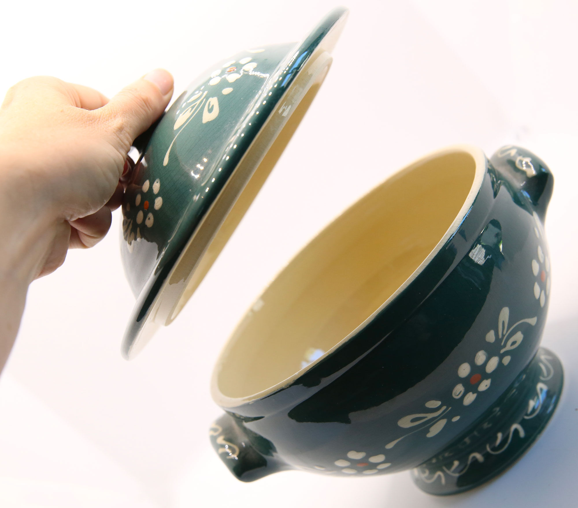 Soupière Légumier artisanal alsacien vert aux fleurs