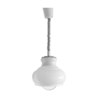 White and chrome rises and falls hanging lamp