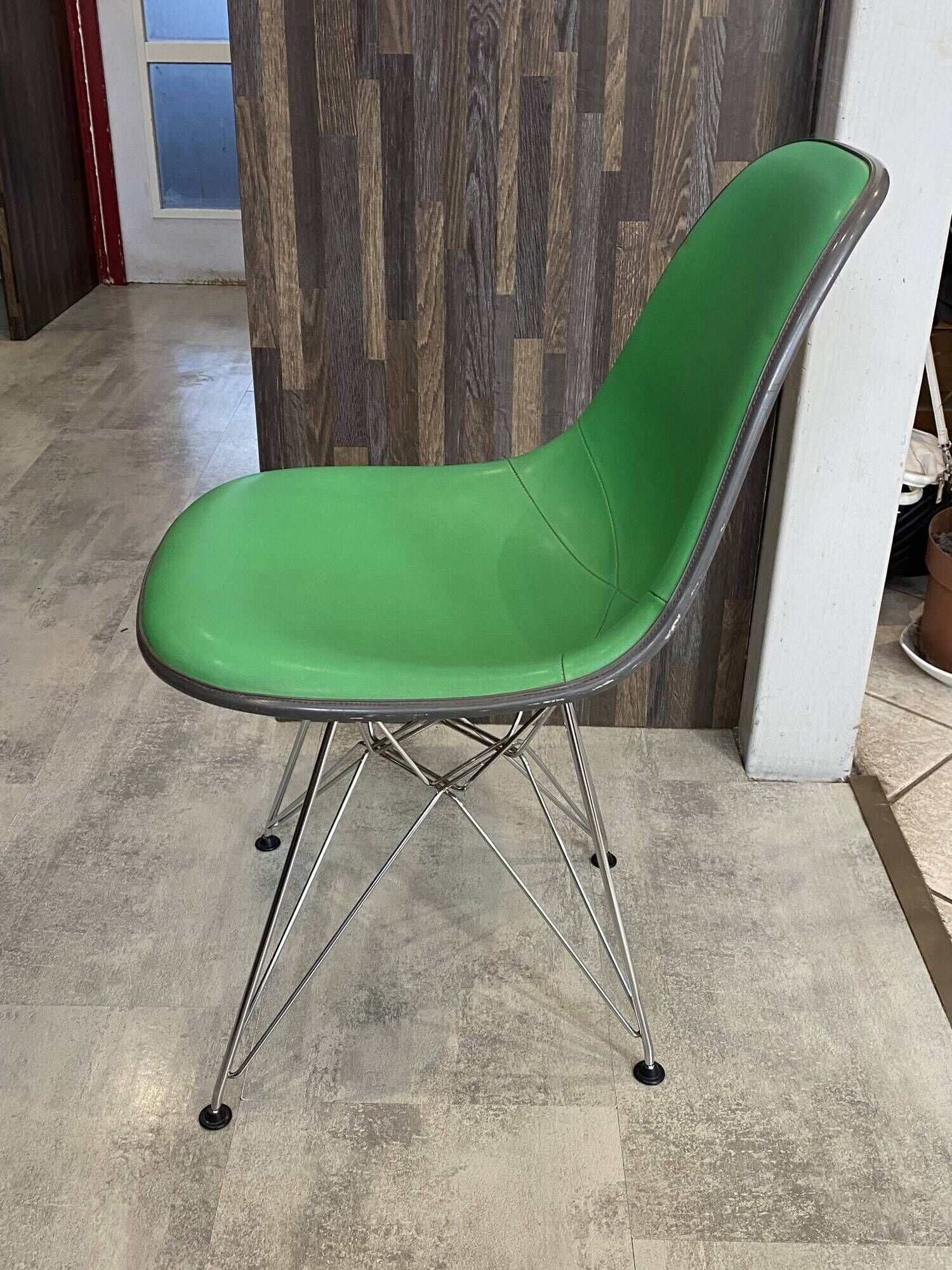 Eames Herman Miller DSR Eiffel chair in green greige fibreglass and vinyl.