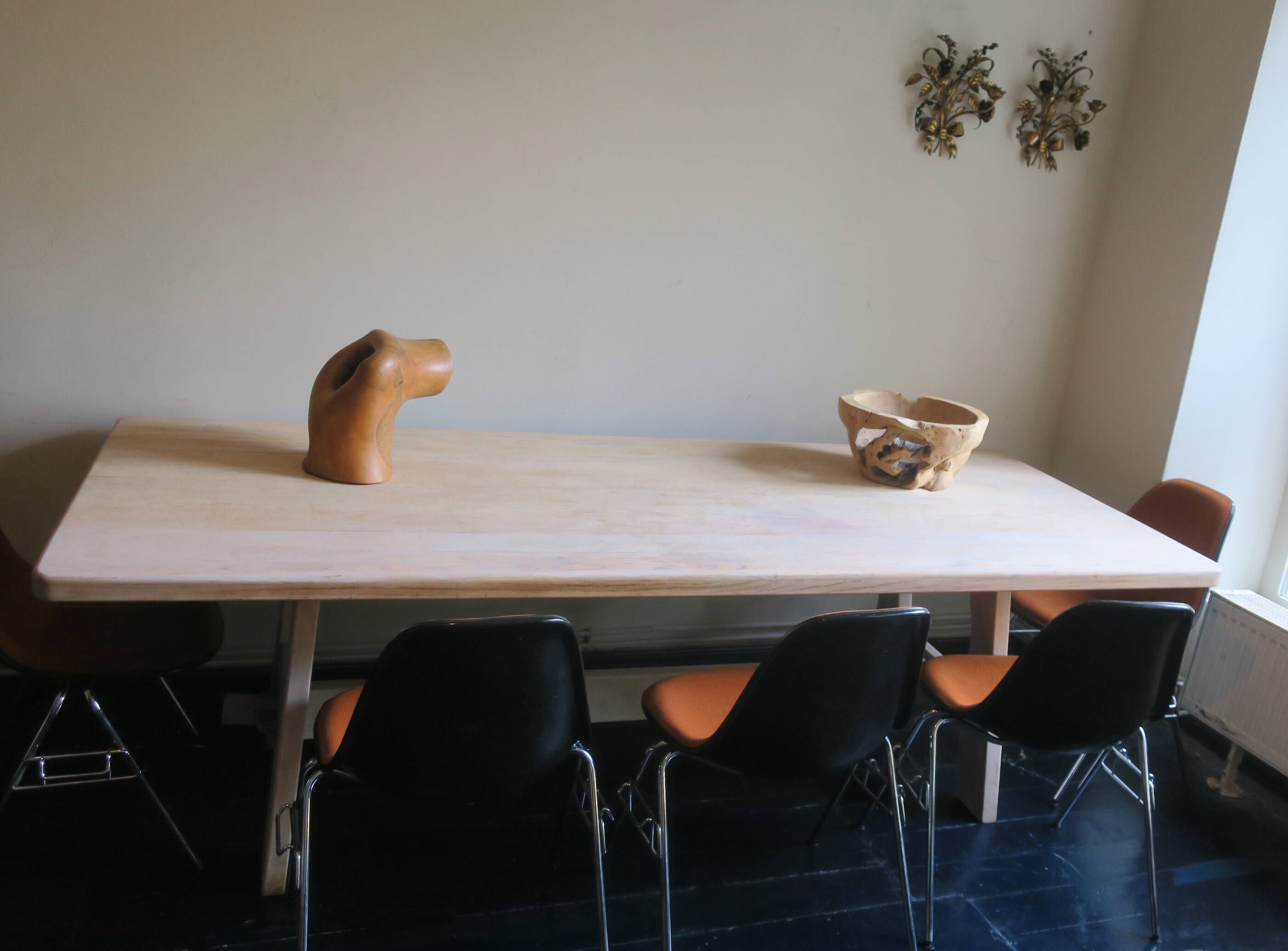 Large mid-century limed solid oak dining table 244 cm x 100 cm, 1950
