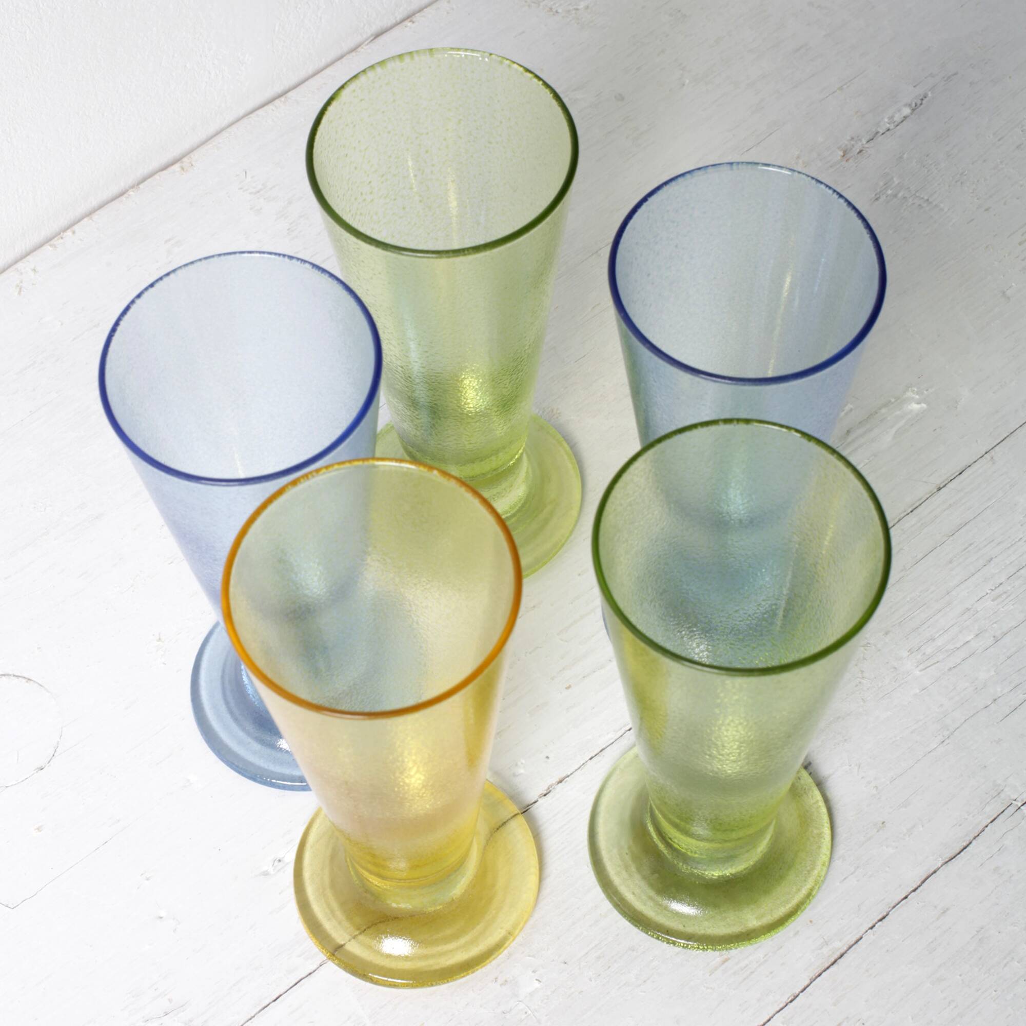 Set of 5 Colorful Yellow, Green and Blue Water Tumblers / Turkey / 2000s
