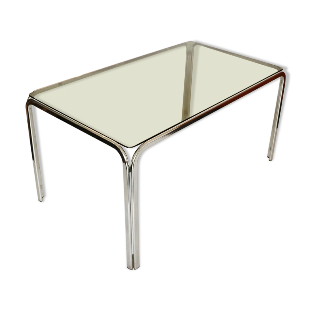 Table D'appoint Vintage 70's – Métal Chromé Et Plateau Beige, Forme Rectangulaire