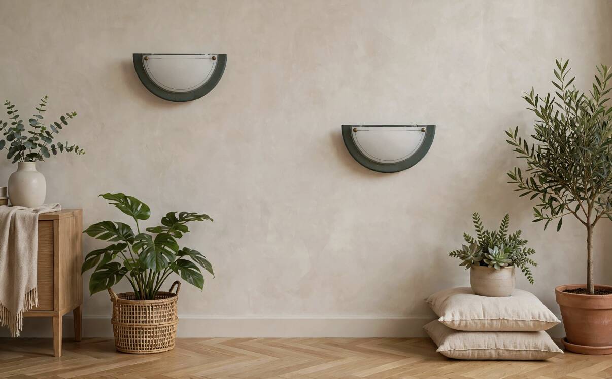 lot of 2 half-moon wall sconces in speckled sage green made in Italy vintage