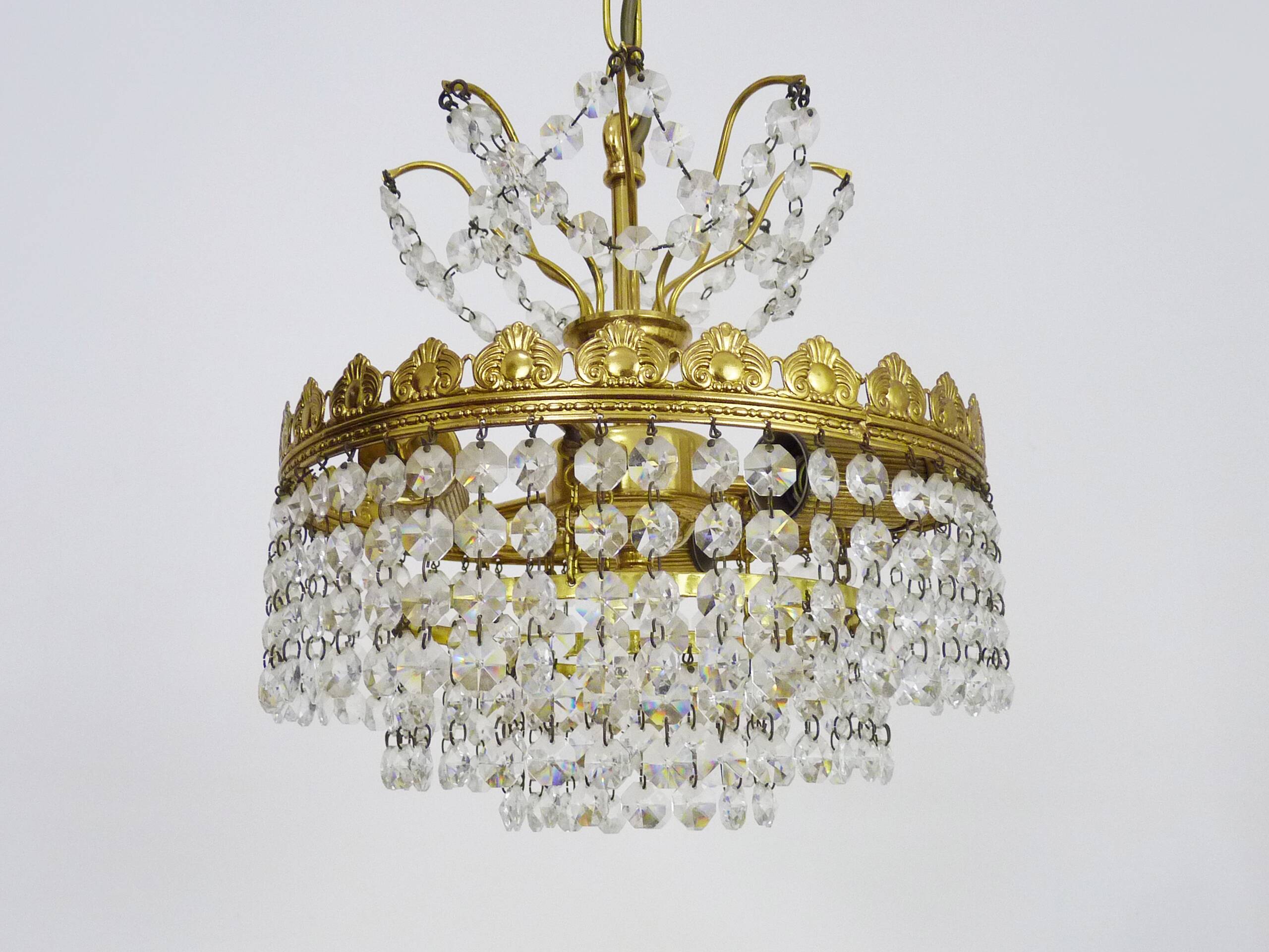 Old chandelier, brass crown ceiling light, 3 floors, 3 lights, glass pendants. 60s