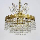 Old chandelier, brass crown ceiling light, 3 floors, 3 lights, glass pendants. 60s