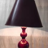 Turned wood table lamp in plum color - 1970s