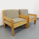 Set of 2 vintage fireside chairs in pine and fabric from the 70s